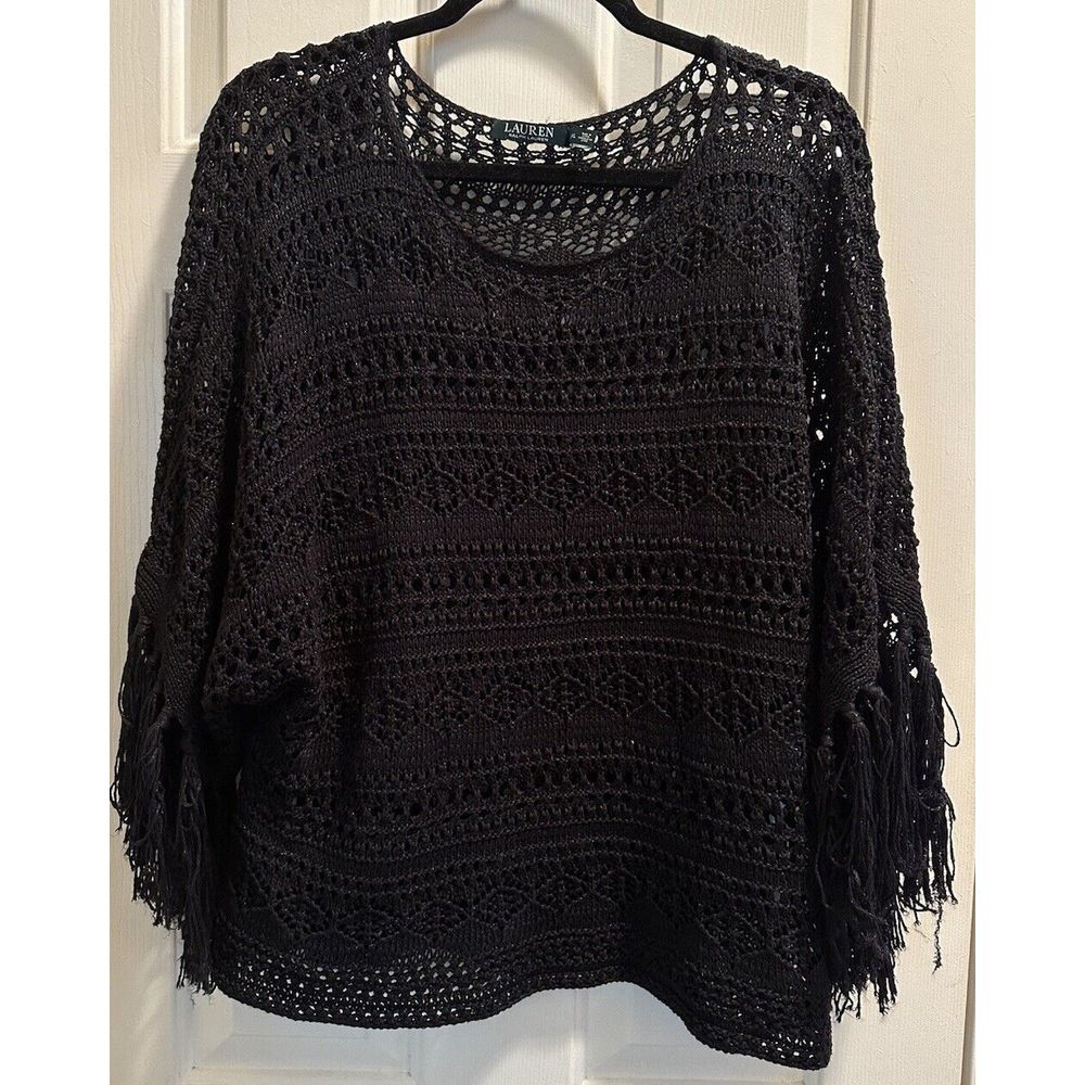 Ralph Lauren Women's Loose Knit‎ Black Crochet Fringe Sweater Size Large /XL
